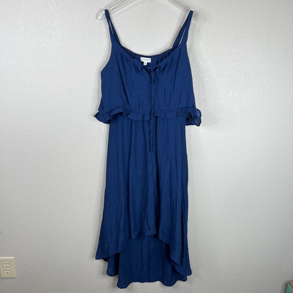 Luxology Women's A-Line Ruffle Midi Dress Sleeveless Blue‎ Size M